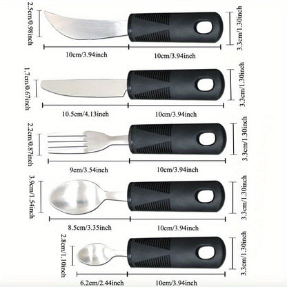 Adaptive Utensils for Elderly – Large Spoon, Fork, Knife with Anti-Shake, Non-Slip Handles, Stainless Steel Silverware for Hand Tremors and Arthritis