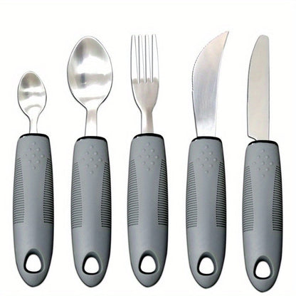 Adaptive Utensils for Elderly – Large Spoon, Fork, Knife with Anti-Shake, Non-Slip Handles, Stainless Steel Silverware for Hand Tremors and Arthritis