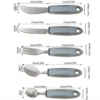 Adaptive Utensils for Elderly – Large Spoon, Fork, Knife with Anti-Shake, Non-Slip Handles, Stainless Steel Silverware for Hand Tremors and Arthritis