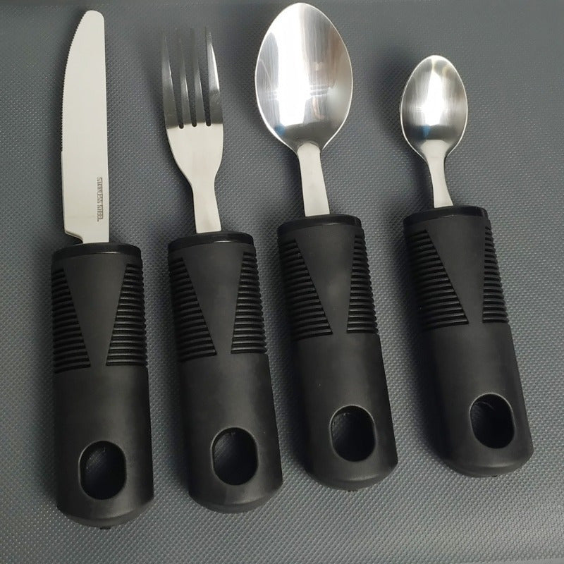 Adaptive Utensils for Elderly – Large Spoon, Fork, Knife with Anti-Shake, Non-Slip Handles, Stainless Steel Silverware for Hand Tremors and Arthritis