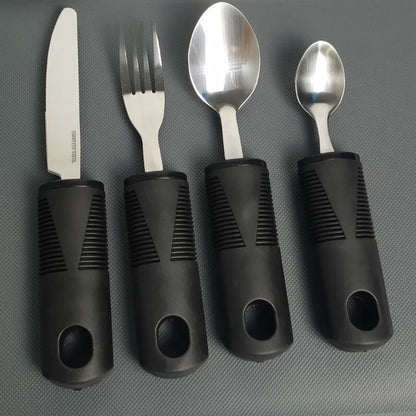 Adaptive Utensils for Elderly – Large Spoon, Fork, Knife with Anti-Shake, Non-Slip Handles, Stainless Steel Silverware for Hand Tremors and Arthritis
