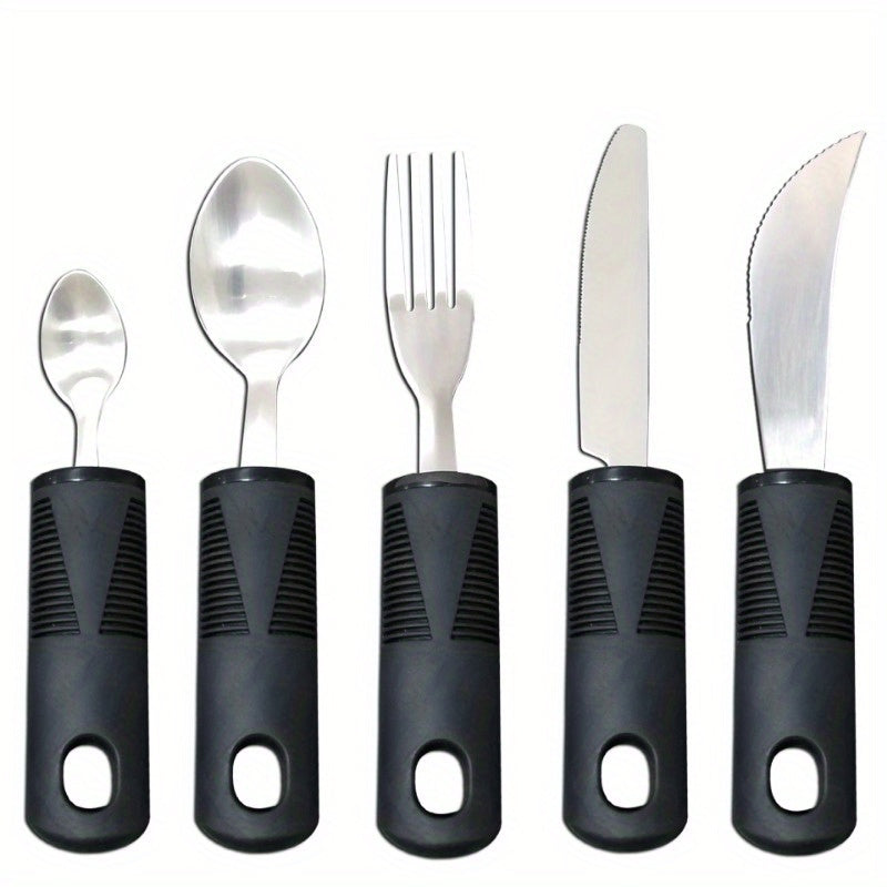 Adaptive Utensils for Elderly – Large Spoon, Fork, Knife with Anti-Shake, Non-Slip Handles, Stainless Steel Silverware for Hand Tremors and Arthritis