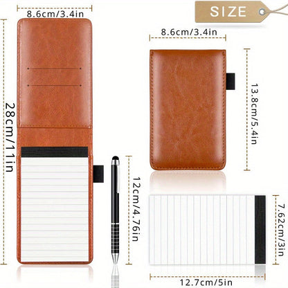 Leather Pocket Notepad Holder Set with Pen - College Ruled, Soft Cover Mini Notebook for School, Office and Restaurant, Aesthetic Supplies for Ages 14+ (Available in Brown, Blue, Black)
