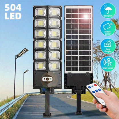 1 PCS Solar Street Light: 6500K 100000LM with 504 LEDs, Dusk to Dawn Solar Flood Light with Wide Angle Motion Sensor and Remote Control for Commercial and Yard Lighting