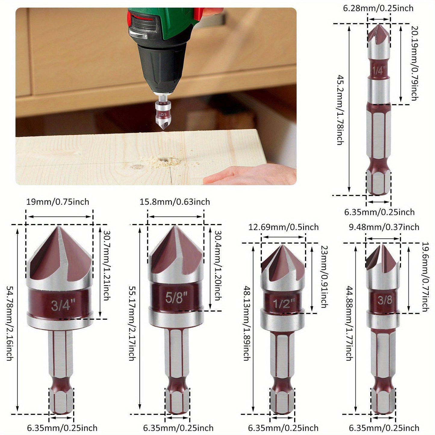 5pcs M35 Cobalt Drill Bit Set with Hex Shank – Precision 82° Tip, Multi-Sized (1/4", 3/8", 1/2", 3/4", 5/8") for Wood & Metal