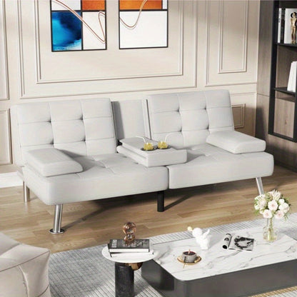 66'' Wide Faux Leather Convertible Reclining Sofa - Upholstered with Cup Holder