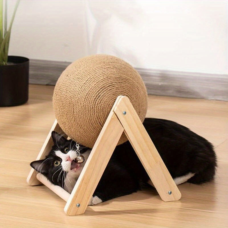 Durable Sisal Cat Scratching Post - Stable Toy for Kittens and Rabbits with Rotating Ball, Wear-Resistant Wooden Base