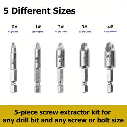 5Pcs Damaged Screw Extractor Set - High-Speed Steel Manual Metal Bolt Remover for Stripped Screws, Easy Out Drill Bits, No Electricity Needed