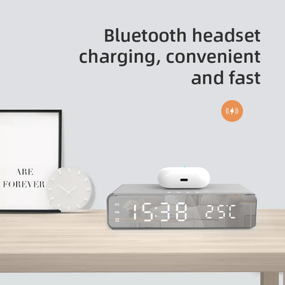 Fast-Charging Dock Station with Alarm, LED Thermometer, and Earphone Holder – Compatible with iPhone and Samsung