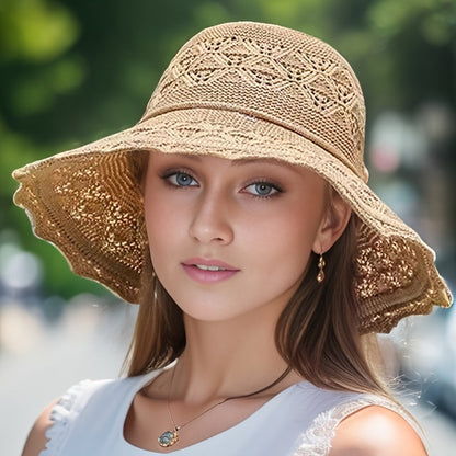 Washable Breathable Foldable Hat for Women - Fashionable Hollow Sun Hat with Large Brim, Perfect for the Beach