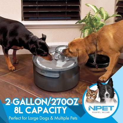 NPET DF30 Dog Water Fountain - 2 Gallon /270oz/8L Large Automatic Pet Water Bowl Dispenser, with Splatter Guard & Cleaning Kit, Ideal for Large Dogs and Multiple Pets