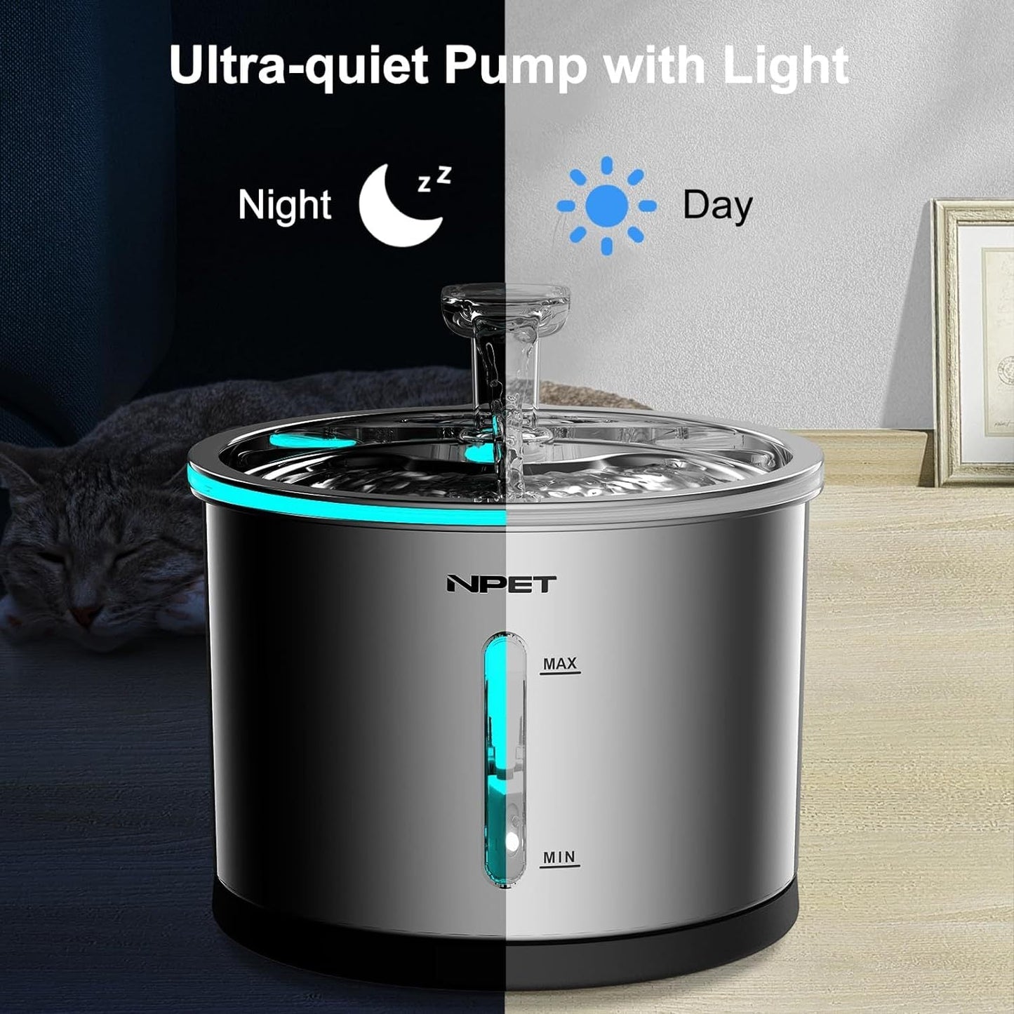 NPET WF210 Stainless Steel Cat Water Fountain 50oz/1.5L - Dishwasher Safe, Ultra Quiet Automatic Pet Water Dispenser with Visible Window and Light for Indoor Cats