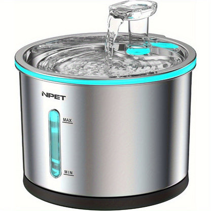 NPET WF210 Stainless Steel Cat Water Fountain 50oz/1.5L - Dishwasher Safe, Ultra Quiet Automatic Pet Water Dispenser with Visible Window and Light for Indoor Cats