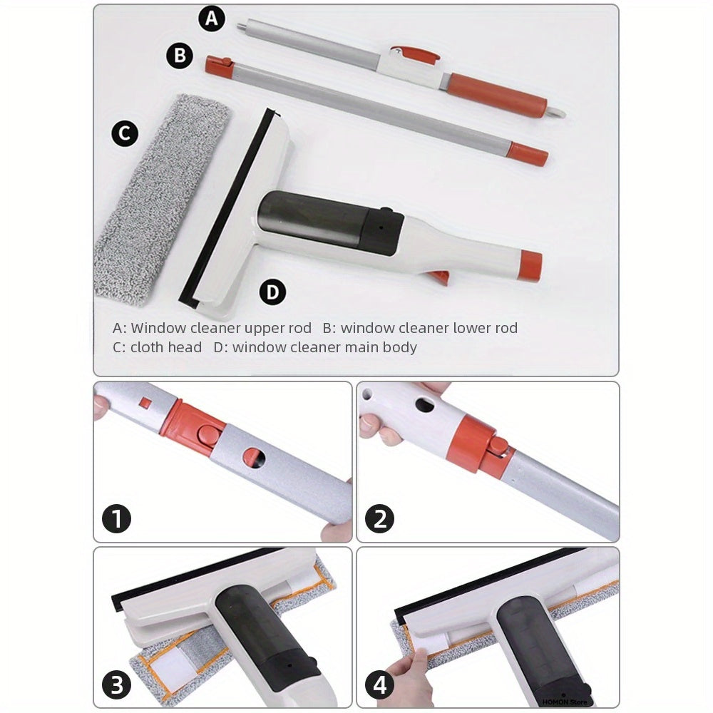 Multifunctional Window Squeegee with Spray - Glass Wiper with Silicone Scraper, Extendable Pole for Cleaning Glass, Bathroom, Kitchen, and Walls