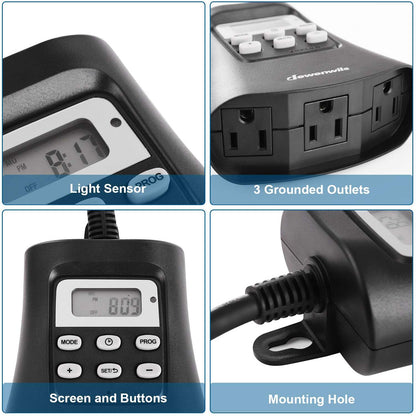 7 Day Programmable Outdoor Digital Light Timer Plug - Weather-Resistant with 3 Grounded Outlets, Energy-Efficient for Patio, Garden, and Seasonal Lighting