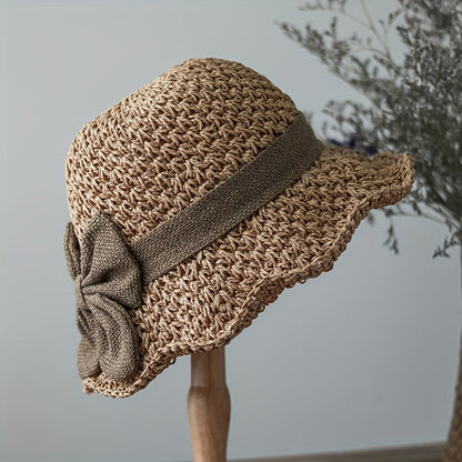 Retro Ruffled Bow Straw Hat - Elegant French Style Foldable & Breathable Sun Hat for Travel & Beach
