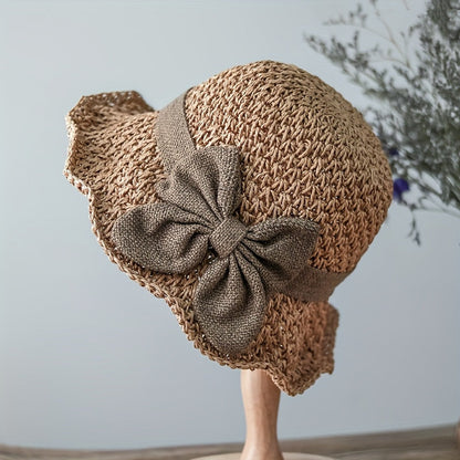 Retro Ruffled Bow Straw Hat - Elegant French Style Foldable & Breathable Sun Hat for Travel & Beach