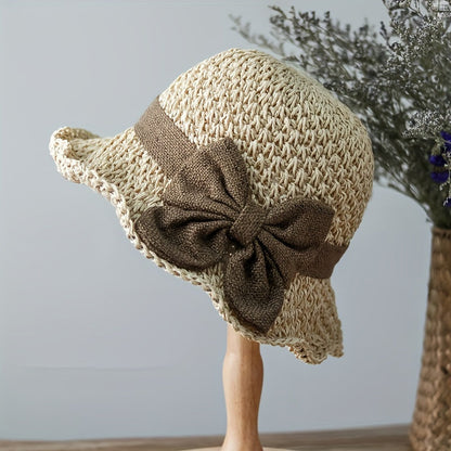 Retro Ruffled Bow Straw Hat - Elegant French Style Foldable & Breathable Sun Hat for Travel & Beach