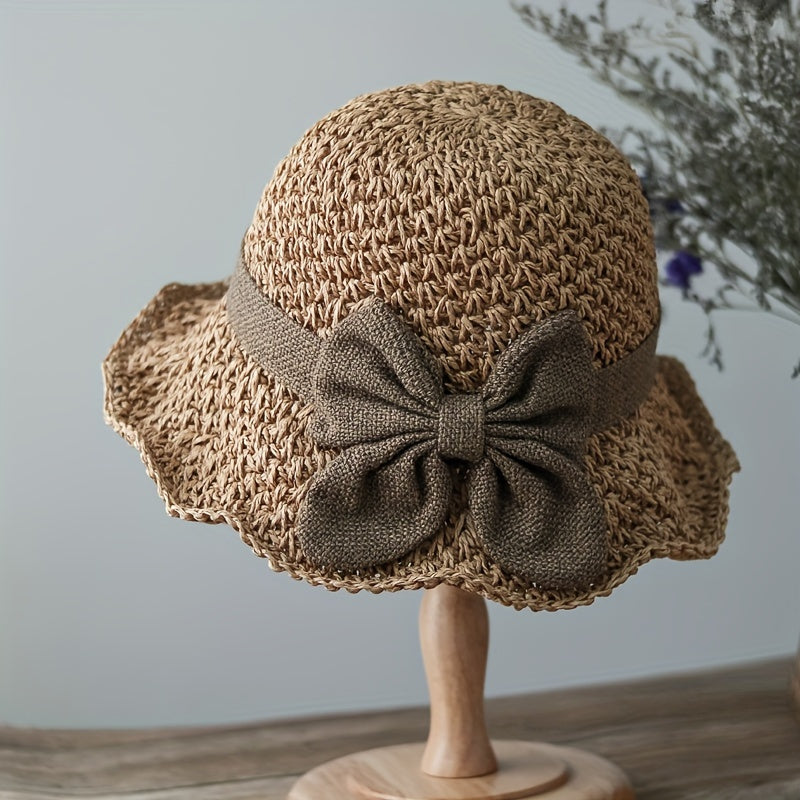 Retro Ruffled Bow Straw Hat - Elegant French Style Foldable & Breathable Sun Hat for Travel & Beach