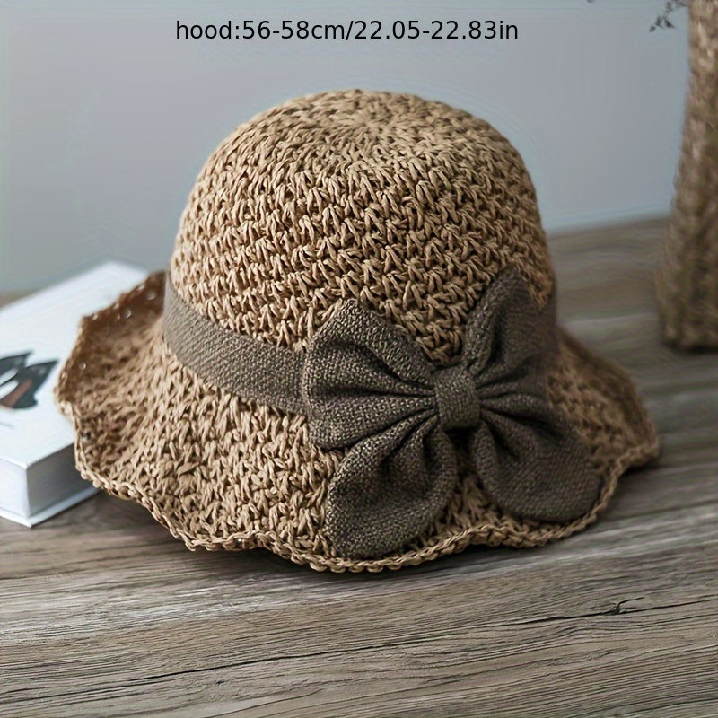 Retro Ruffled Bow Straw Hat - Elegant French Style Foldable & Breathable Sun Hat for Travel & Beach