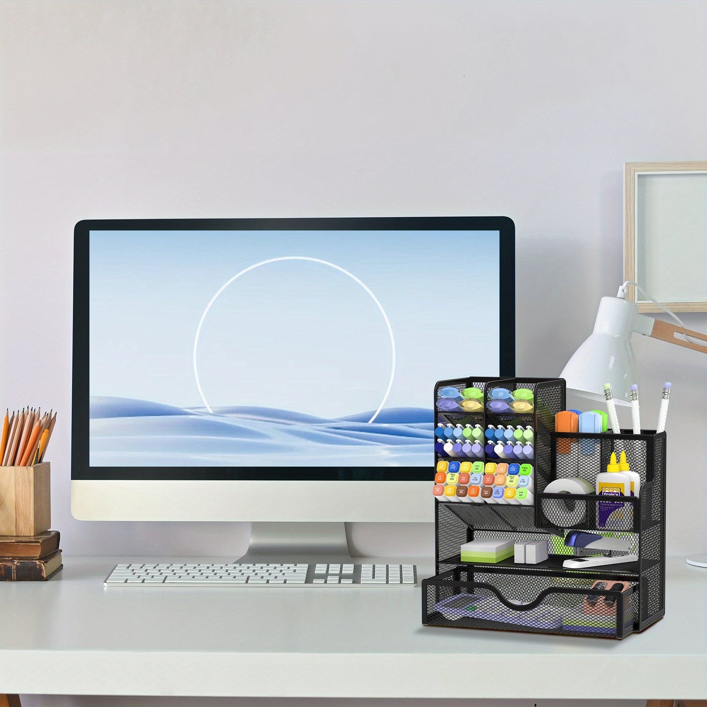 JMHUD Versatile Pencil Organizer – Mesh Pen Holder with Drawer for Desk – Enhanced Desk Organizer for Office and Art Supplies (Black)