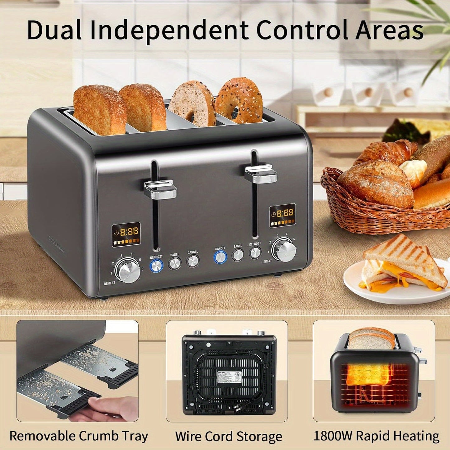 4 Slice Toaster, Stainless Steel with Color LCD Display – 7 Shade Settings, 1.4'' Wide Slots, Bagel/Defrost/Reheat Functions, Removable Crumb Tray, 1800W