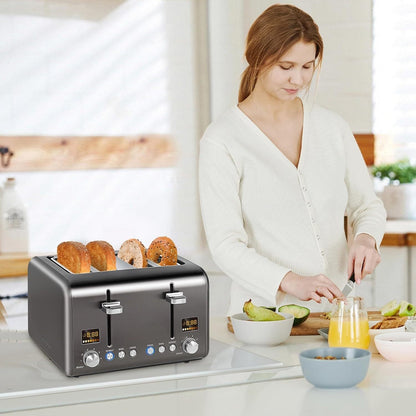 4 Slice Toaster, Stainless Steel with Color LCD Display – 7 Shade Settings, 1.4'' Wide Slots, Bagel/Defrost/Reheat Functions, Removable Crumb Tray, 1800W