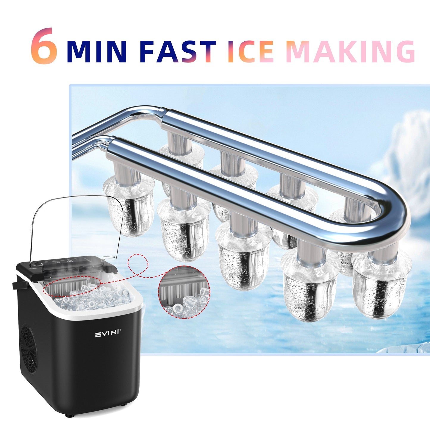 Portable Ice Machine – 9 Cubes in 6 Minutes, 26.5 Lbs Daily, Self-Cleaning, Includes Scoop and Basket, Two Bullet Ice Sizes, Ideal for Home, Office, Parties, Camping