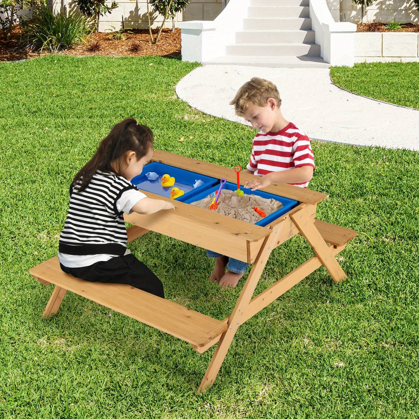 LIFEZEAL 3 in 1 Kids Picnic Table – Wooden Outdoor Sand & Water Table with Play Boxes