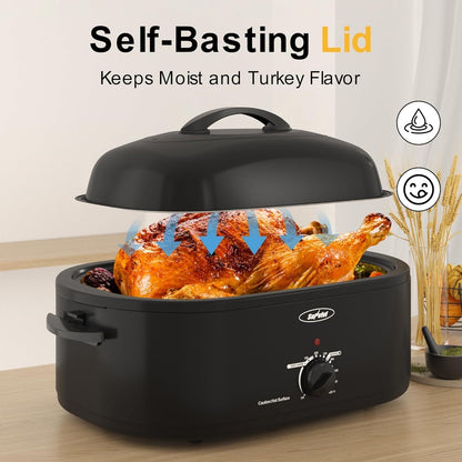 8QT Electric Roaster Oven - Large Capacity with Self-Basting Lid, Removable Pan & Rack, 150-450°F Temperature Control, Stainless Steel, Easy Clean Design