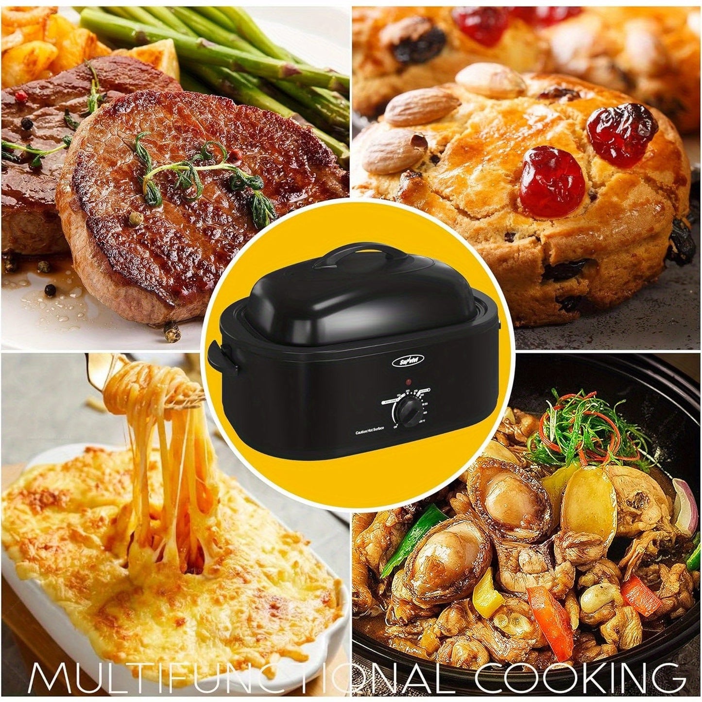 8QT Electric Roaster Oven - Large Capacity with Self-Basting Lid, Removable Pan & Rack, 150-450°F Temperature Control, Stainless Steel, Easy Clean Design