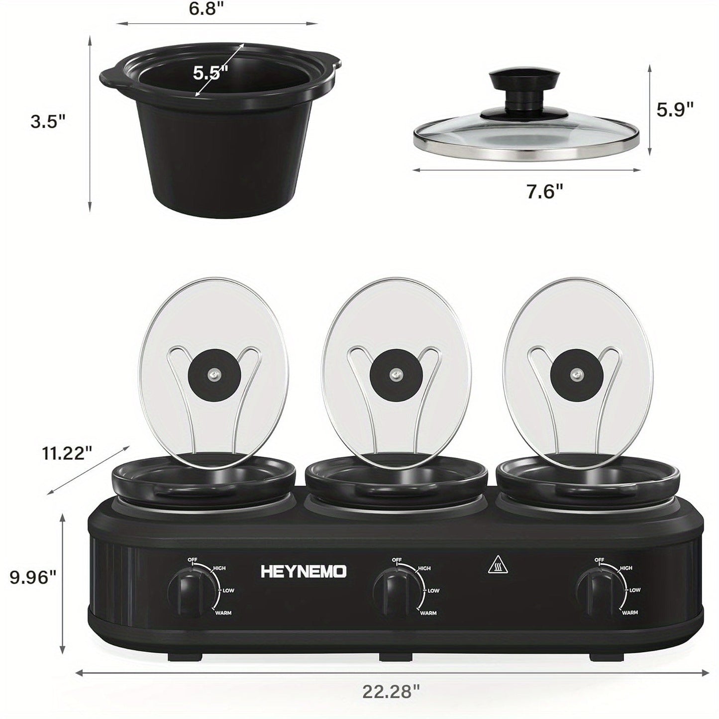 3 x 1.5QT Triple Slow Cooker - Buffet Server with 3 Cooking Settings, Dishwasher-Safe Ceramic Pots, Glass Lids, in Black