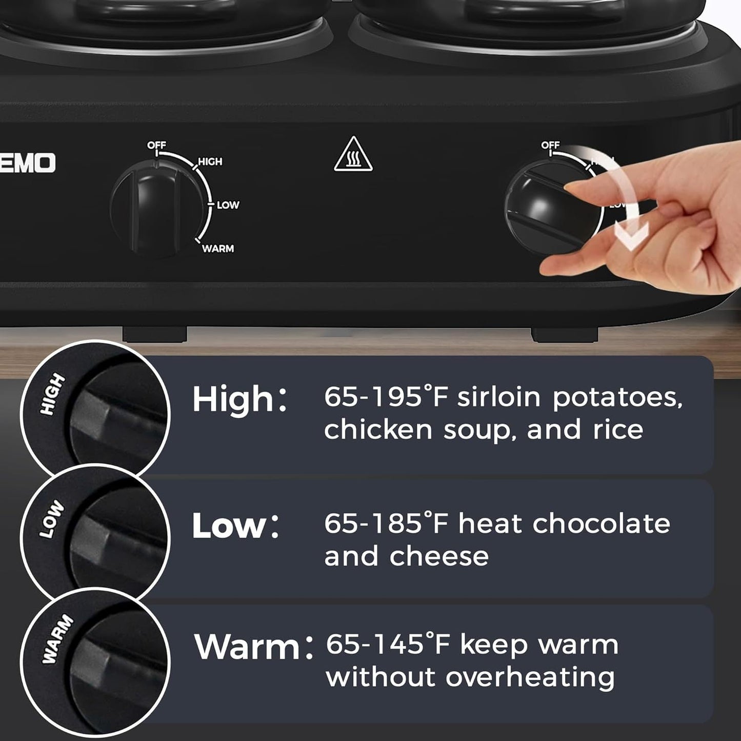 3 x 1.5QT Triple Slow Cooker - Buffet Server with 3 Cooking Settings, Dishwasher-Safe Ceramic Pots, Glass Lids, in Black