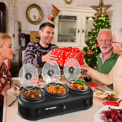 3 x 1.5QT Triple Slow Cooker - Buffet Server with 3 Cooking Settings, Dishwasher-Safe Ceramic Pots, Glass Lids, in Black