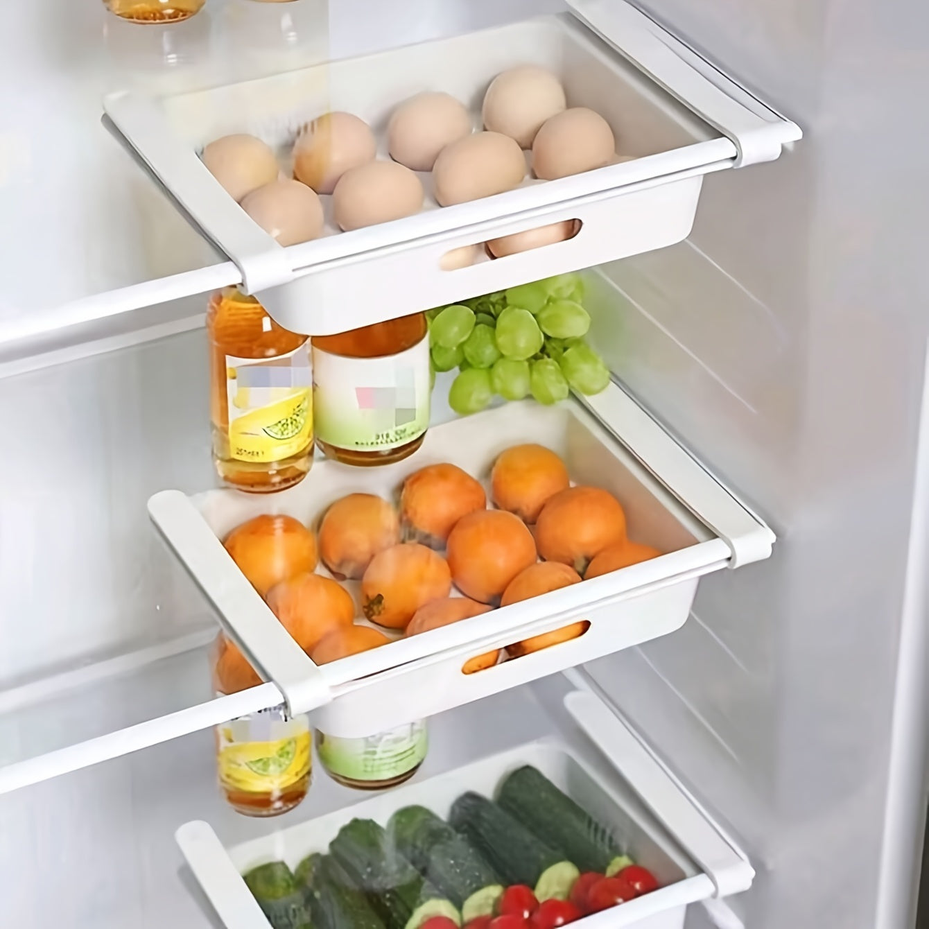 3 Pack Refrigerator Storage Bins – Pull Out Fridge Drawers with Egg Holder, Adjustable Shelving for Fruits & Veggies