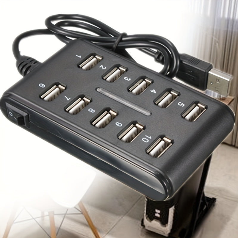Portable USB Hub - Dual Row, 10-Port ABS Plastic with Switch for Work and Home