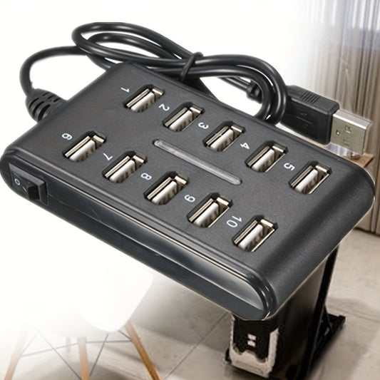 Portable USB Hub - Dual Row, 10-Port ABS Plastic with Switch for Work and Home