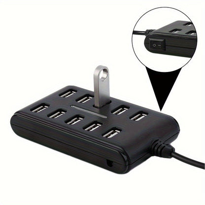 Portable USB Hub - Dual Row, 10-Port ABS Plastic with Switch for Work and Home