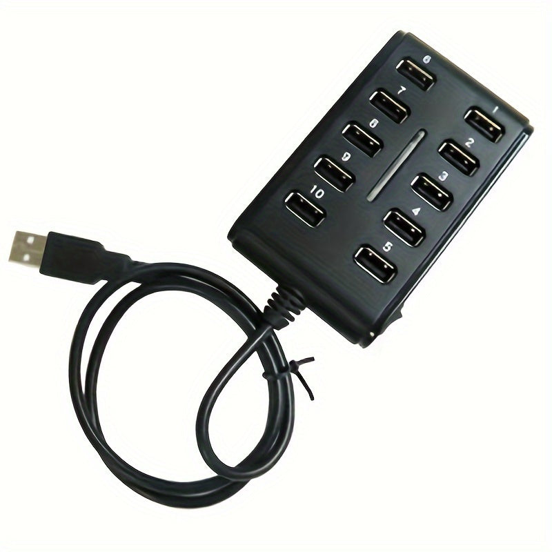 Portable USB Hub - Dual Row, 10-Port ABS Plastic with Switch for Work and Home