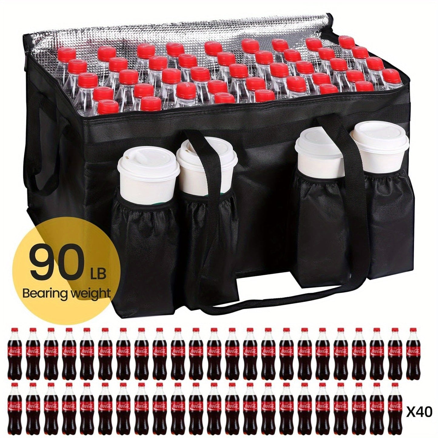 Premium XXXL Insulated Food Delivery Bag with Cup Holders – 22.8x14x15" – Ideal for DoorDash, Beverages, Groceries and Pizza – Commercial Grade Hot and Cold Storage