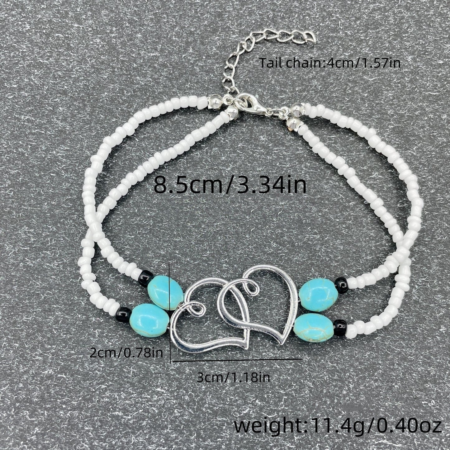 Boho-Chic 3pcs Double-Layer Beaded Anklet Set with Heart Charms - Handcrafted, Hypoallergenic & Durable, Perfect for Beach Vacations, Weddings & Casual Attire