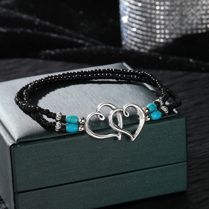 Boho-Chic 3pcs Double-Layer Beaded Anklet Set with Heart Charms - Handcrafted, Hypoallergenic & Durable, Perfect for Beach Vacations, Weddings & Casual Attire