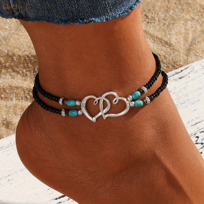 Boho-Chic 3pcs Double-Layer Beaded Anklet Set with Heart Charms - Handcrafted, Hypoallergenic & Durable, Perfect for Beach Vacations, Weddings & Casual Attire