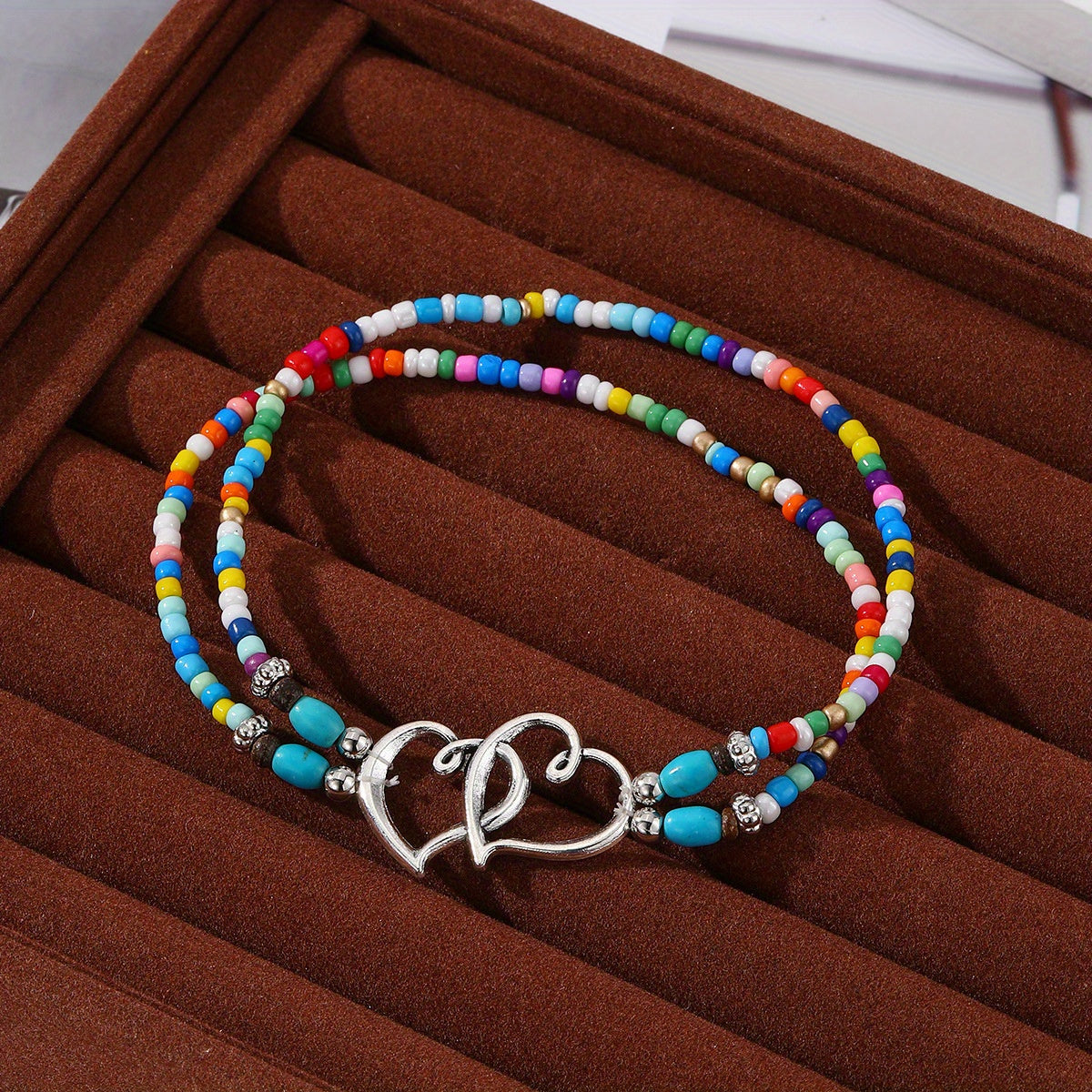 Boho-Chic 3pcs Double-Layer Beaded Anklet Set with Heart Charms - Handcrafted, Hypoallergenic & Durable, Perfect for Beach Vacations, Weddings & Casual Attire