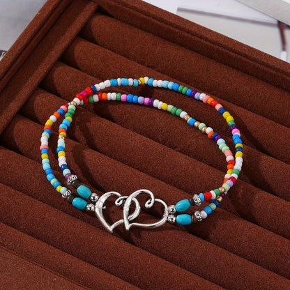 Boho-Chic 3pcs Double-Layer Beaded Anklet Set with Heart Charms - Handcrafted, Hypoallergenic & Durable, Perfect for Beach Vacations, Weddings & Casual Attire