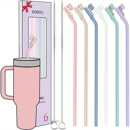 13 Inch Silicone Straw Replacement Pack - 6 Reusable Bent Straws with Covers and Cleaning Brush, Compatible with 30 oz and 40 oz Tumblers