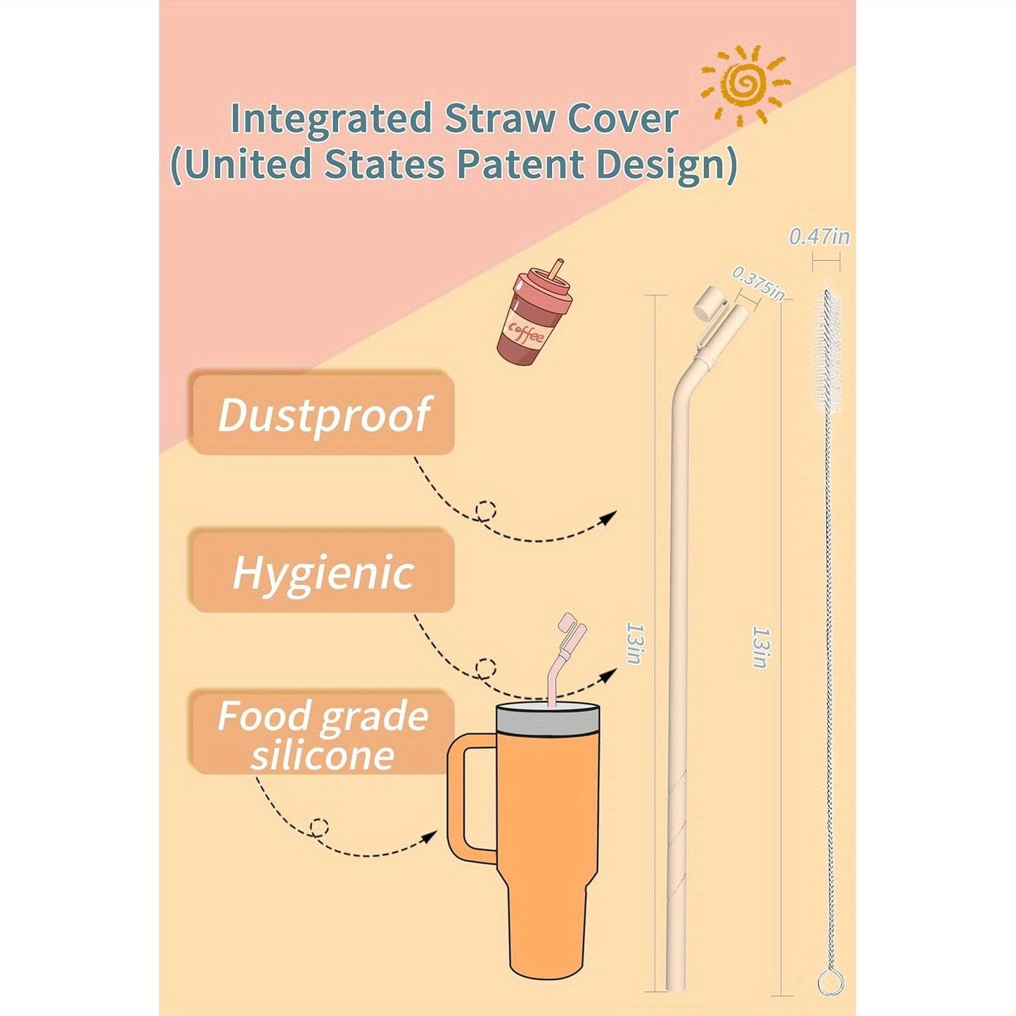 13 Inch Silicone Straw Replacement Pack - 6 Reusable Bent Straws with Covers and Cleaning Brush, Compatible with 30 oz and 40 oz Tumblers