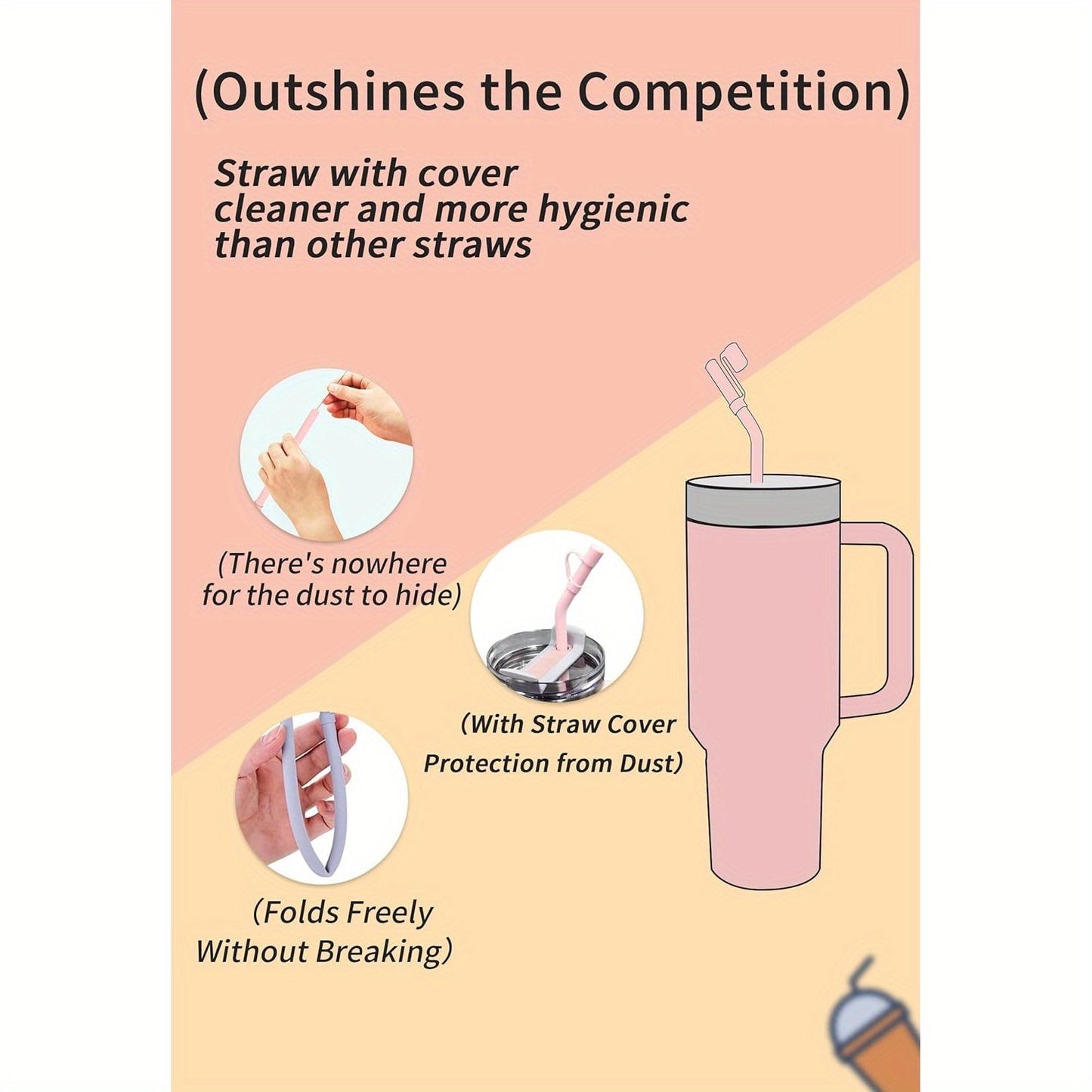 13 Inch Silicone Straw Replacement Pack - 6 Reusable Bent Straws with Covers and Cleaning Brush, Compatible with 30 oz and 40 oz Tumblers