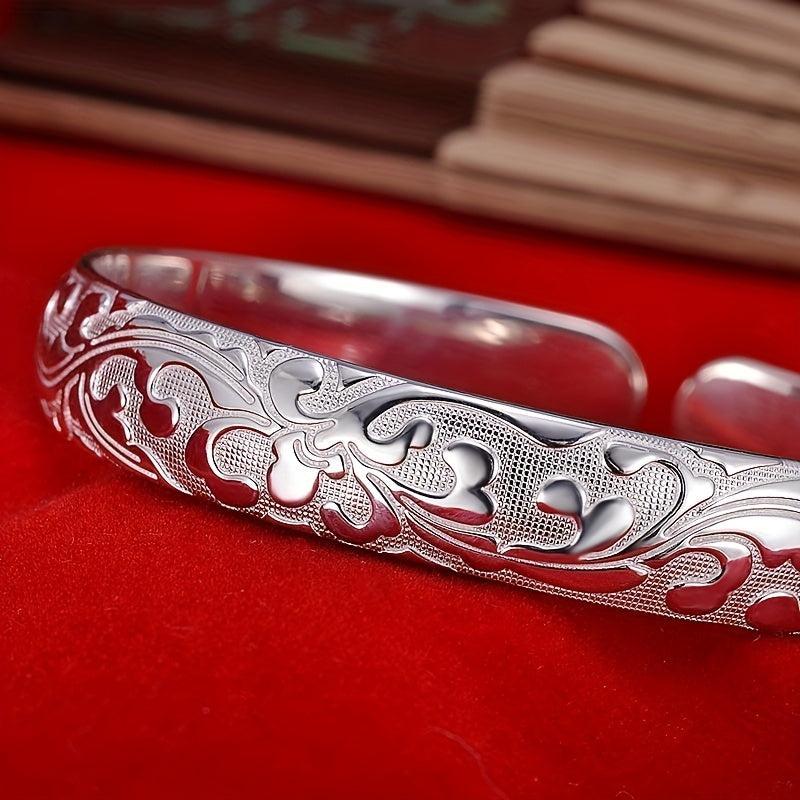 925 Sterling Silver Retro Floral Open Bracelet – 10g, Versatile DIY Jewelry for Charms, Easy-to-Wear Fashion Gift