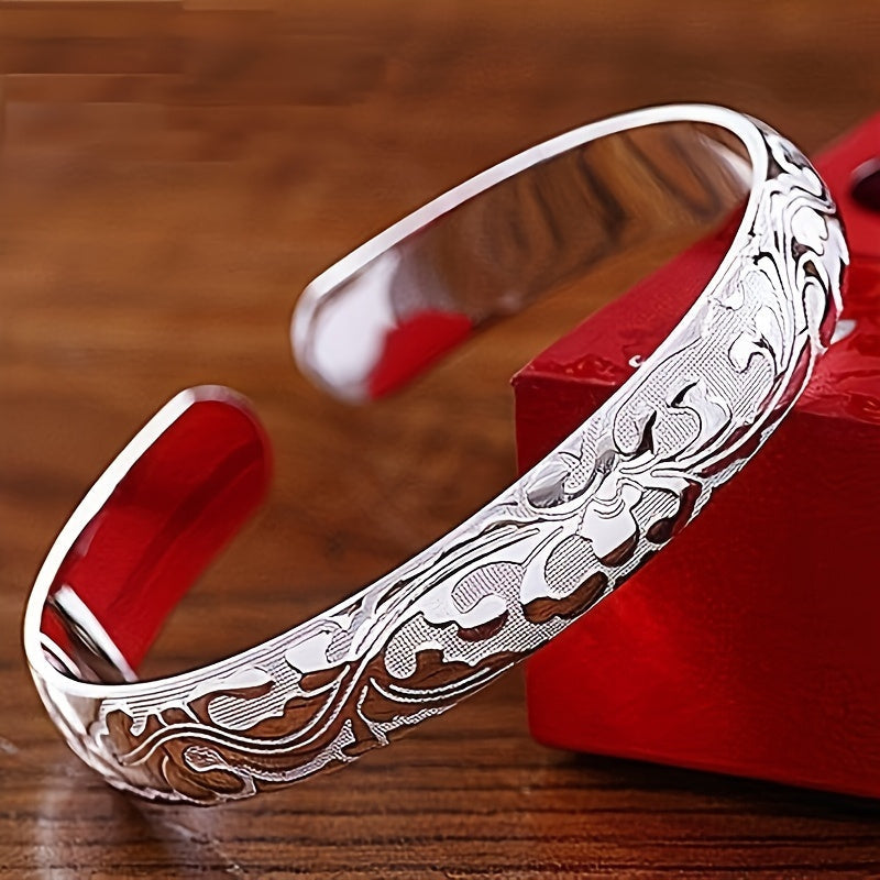 925 Sterling Silver Retro Floral Open Bracelet – 10g, Versatile DIY Jewelry for Charms, Easy-to-Wear Fashion Gift